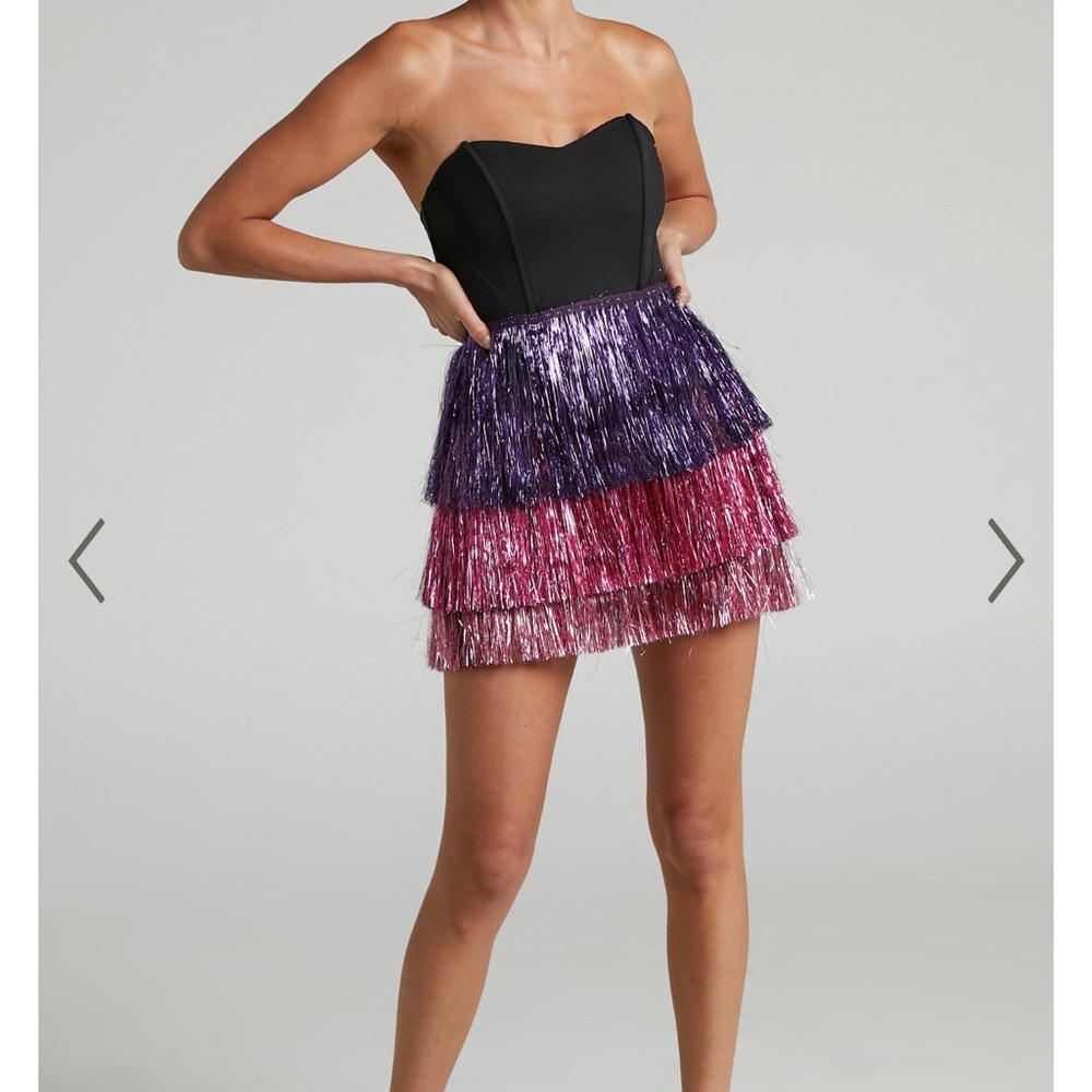 FLOSSIE MINI DRESS - SWEETHEART FRINGE LAYERED DRESS IN BLACK